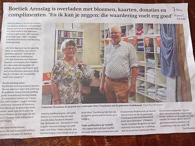 Boetiek Armslag staat in de krant - Stichting Armslag Stadskanaal